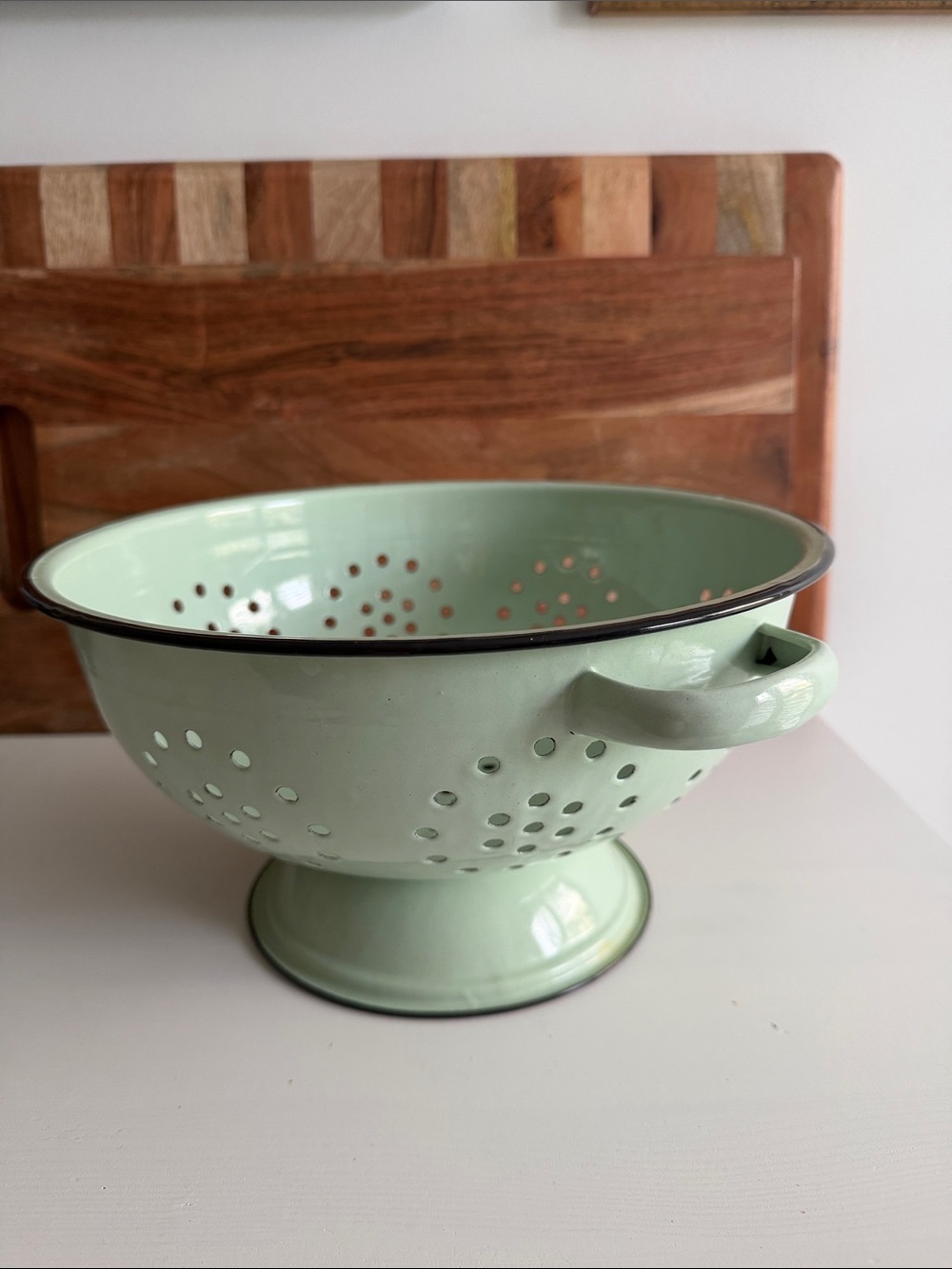 Large Enamel Colander in Mint Green - Kitchen Strainer with Handles